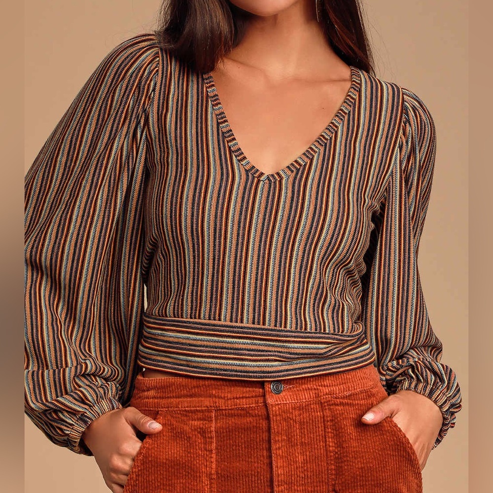 Free People multi-colored stripe Autumn Nights long sleeve tie back top sz XS